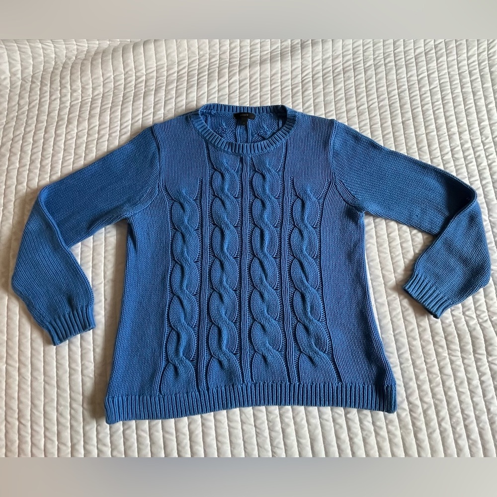 J Crew Cable Knit Crew Sweater Sky Blue 100% Cotton Chunky Size Medium
